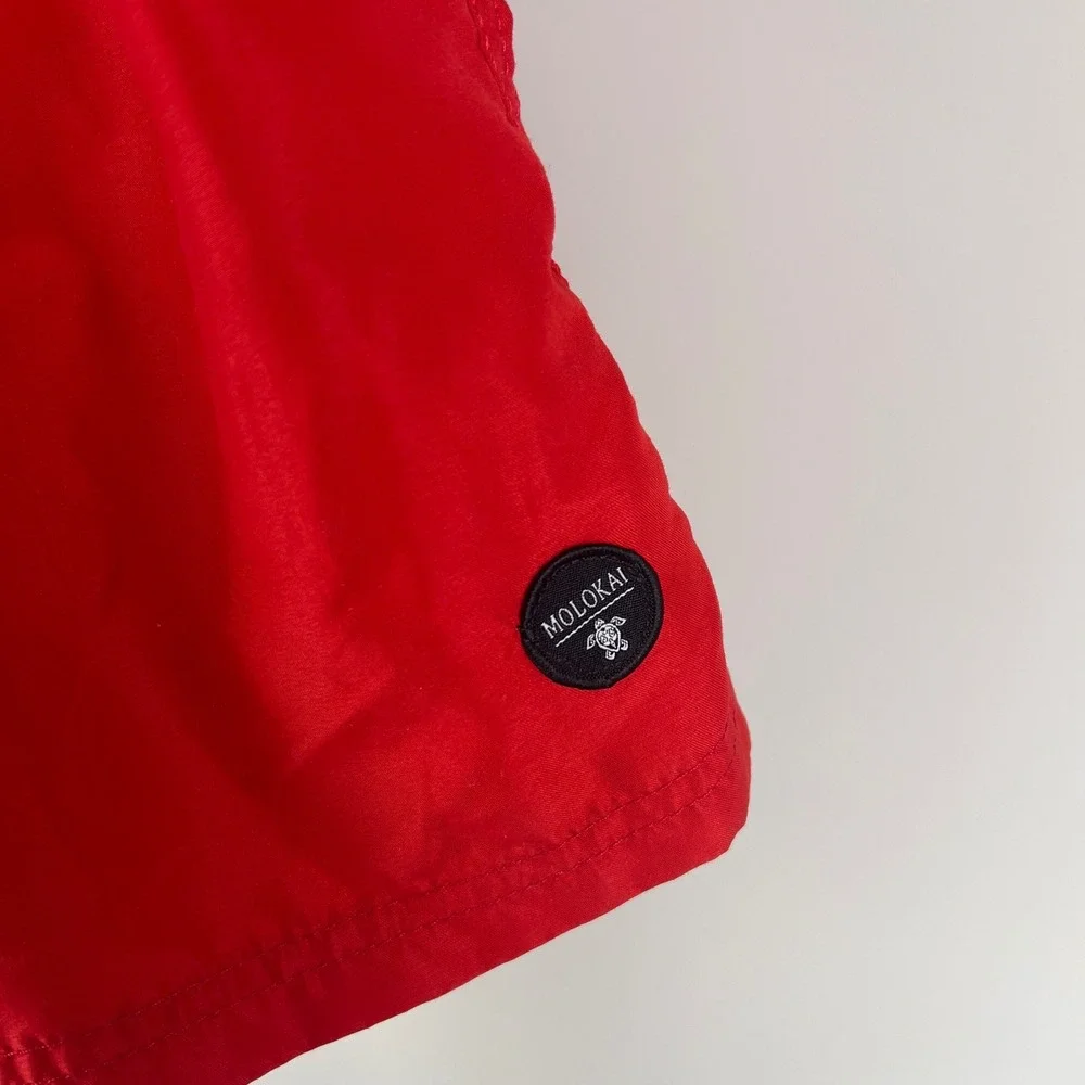 Molokai Mens Swim Trunks Red Elastic Waist Drawstring Board Shorts Turtle Logo
